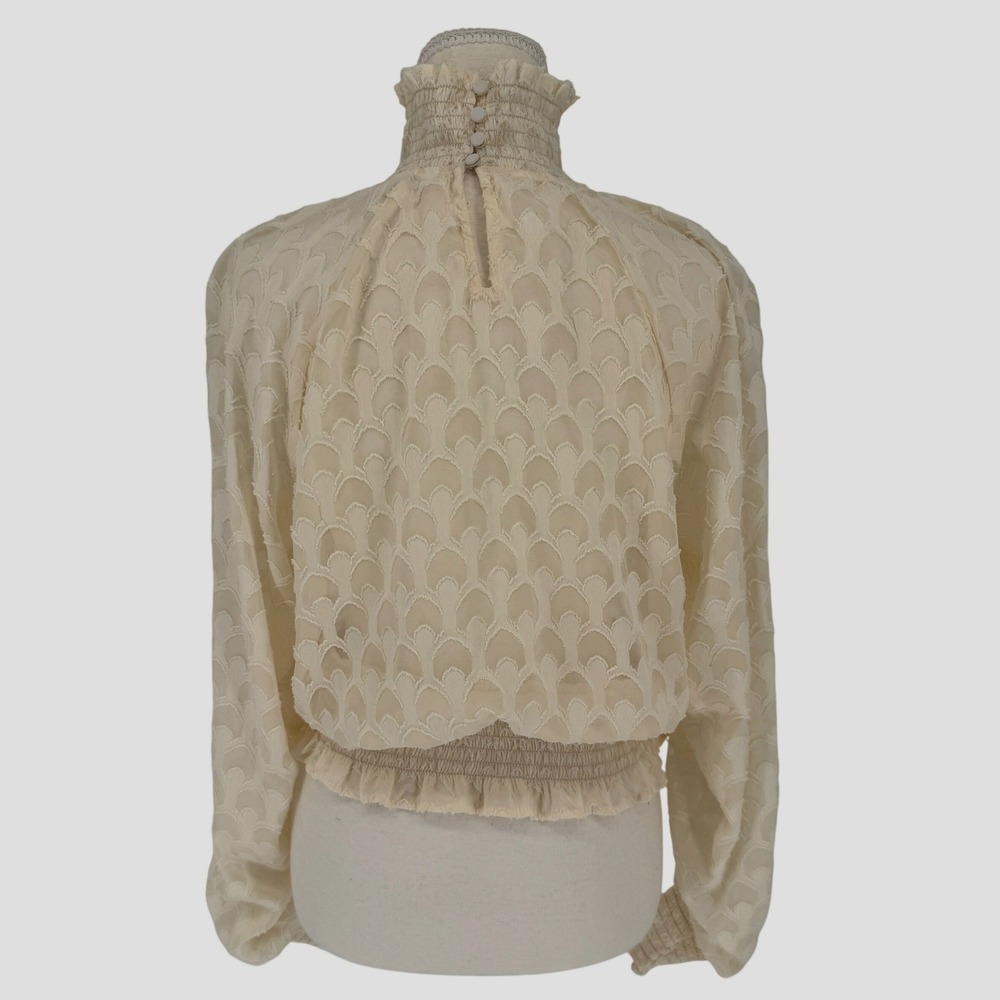 HM Smocked Mock Neck Blouse 10 Cream Sheer Victorian Coquette Cottagecore Boho - Picture 4 of 12